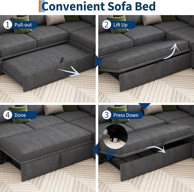 GarveeHome Sectional Sleeper Sofa with Pull Out Bed, Corduroy Modular Sectional 6 Seat Couch with Pull Out Couch and Storage Seat & 2 Ottomans, Convertible Couches for Living Room
