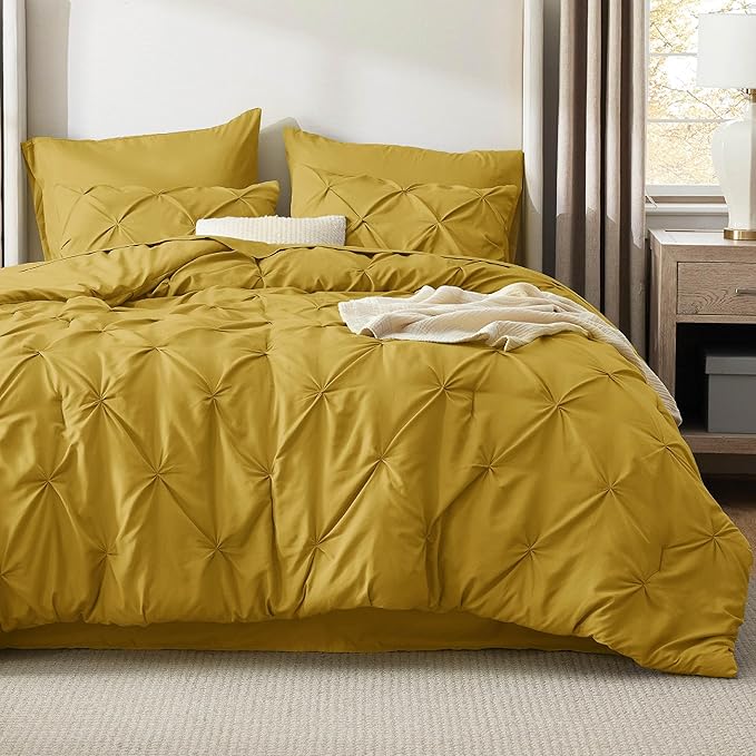 Bedsure Full Comforter Set Mustard Yellow - Bed in a Bag Full Size Bedding Set 7 Pieces, GentleSoft™ Pintuck Bed Set Gift for Family, Pinch Pleat All Season Comforter with Sheets, Pillowcases & Shams