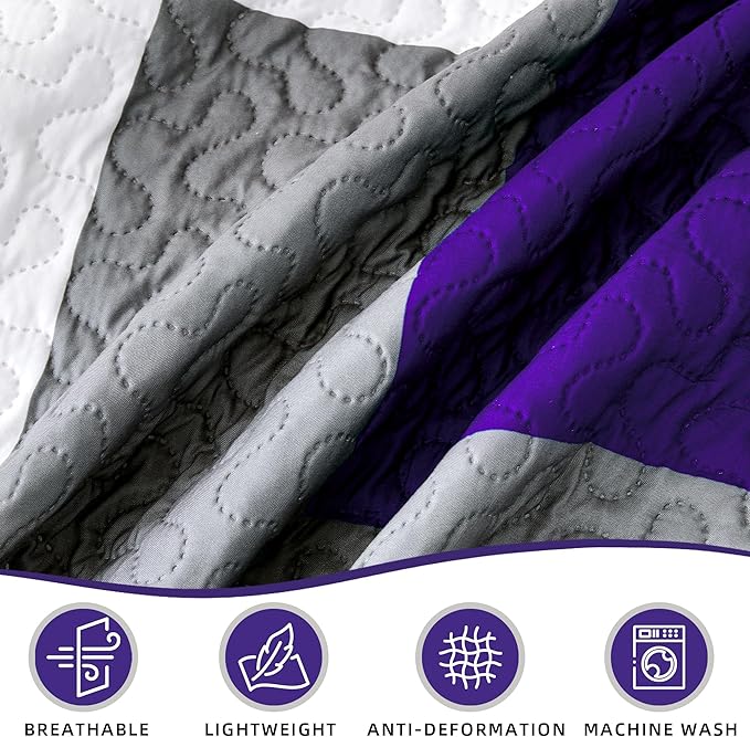 3 Piece Dark Purple Grey Quilt Set California King Size Black White Geometric Reversible Bedding Set Microfiber Lightweight Bedspread Coverlet with 2 Shams Bed Covers for All Season, 118''x106''