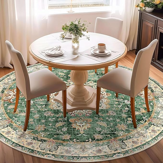 Green Round Rug 6ft,Large Circle Area Rugs for Living Room Bedroom Dining Room,Washable Boho Vintage Bohemian Distressed Oriental Floral Carpet Non Slip,Retro Sage Floral