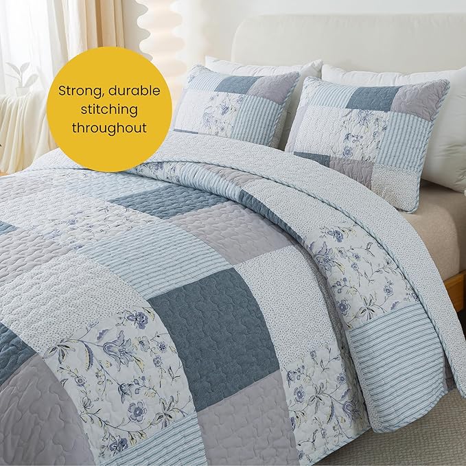 SLPR Coastal Dream Cotton Pieced Quilt Set - Twin Size with 1 Sham, Soft Purple & Blue Patchwork Quilted Bedspread, Farmhouse Country Style Bedding for All Seasons