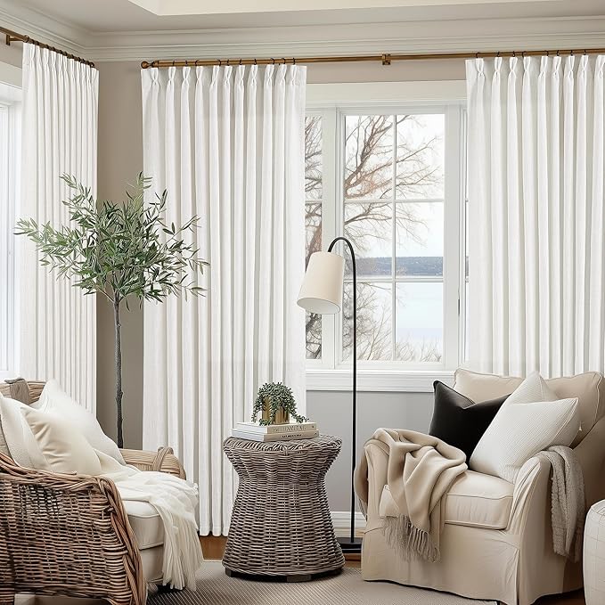 Extra Wide Linen Curtains 102 Inches Long 70 Inch Wide for Living Room Bedroom Light Filtering Beige Off White Pinch Pleated Curtains Hooks Rings Back Tab for Sliding Door 1 Panel 70Wx102L