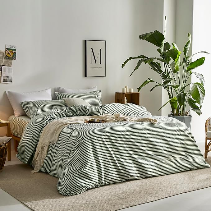 JELLYMONI 100% Natural Cotton Striped Duvet Cover Sets,White Duvet Cover with Green Stripes Pattern Printed Comforter Cover,with Zipper Closure & Corner Ties(Twin 66×92 Inch)