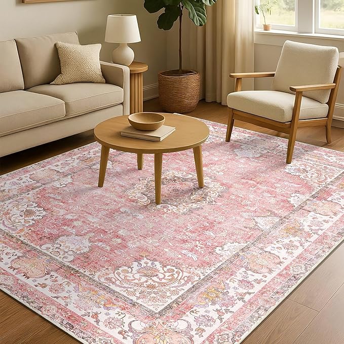 Pink Rug 4'x6.5',Washable Area Rugs for Bedroom Living Room Kitchen Entryway Bedside,Small Boho Vintage Bohemian Distressed Oriental Non Slip Carpet,Blush Floral Flowers