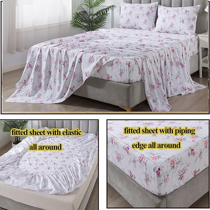 FADFAY Rose Sheets Set Queen Pink Floral Bedding Rustic Botanical Flower Bed Sheet Set Vintage Farmhouse Bedding 100% Cotton Soft Breathable Collection with Deep Pocket Fitted Sheet 4Pcs, Queen Size