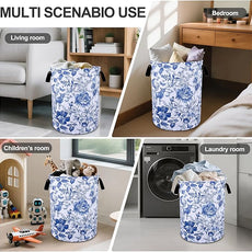 Blue Floral Laundry Basket Foldable Oxford Cloth Tote Bag Laundry Hamper Clothes Storage Bucket Organizer For Bathroom/Laundry Storage/Bedroom 19.6x15.7 Inch