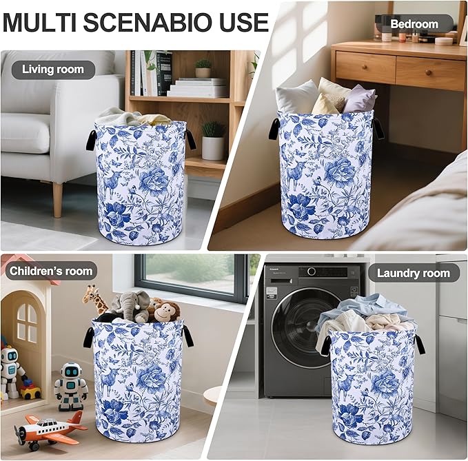 Blue Floral Laundry Basket Foldable Oxford Cloth Tote Bag Laundry Hamper Clothes Storage Bucket Organizer For Bathroom/Laundry Storage/Bedroom 19.6x15.7 Inch