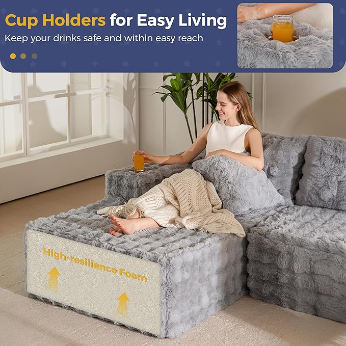 MAXYOYO 104" Modular Sectional Couch with L-Shape Chaise, Modern Boneless Couch for Living Room, Sofa in A Box, Faux Fur Sofa Sleeper with Deep Seat, No Assembly Required, Grey