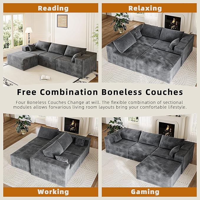 110" Cloud Couch Sectional for Living Room L-Shape Boneless Couches Modular Sectional Sofa with Deep Seat Plush with Chaise,No Assembly Required, Carbon Gray(Plush Corduroy Fabric)