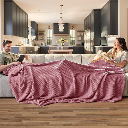 Bedsure Gentlesoft 100% Cotton Blanket Queen Size for Bed - Breathable and Soft, Thick Cozy Waffle Weave Christmas Blanket Gift for Women, Dusty Rose, 90x90 Inches