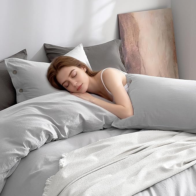JELLYMONI 100% Washed Cotton King Pillowcases Set, 2 Pack Linen-Like Texture Breathable Pillow Covers with Button Closure,Pale Grey King 20"×36"(Pillows are not Included)