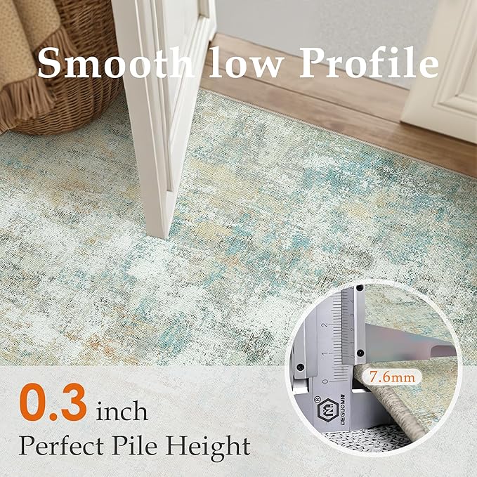 9x12 Area Rug Teal Beige Abstract Living Room Bedroom Washable Carpet Neutral Modern Non-Slip Soft Low Pile Lightweight Vacuumable Large Throw Rug for Dining Room