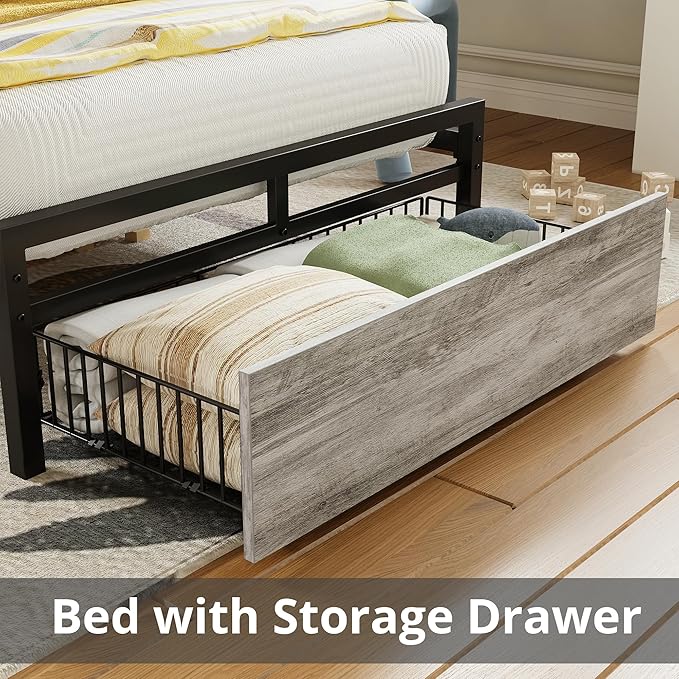 LIKIMIO Twin XL Bed Frames with Drawer, Storage Headboard with Outlets, No Box Spring Needed, Easy Assembly, Industrial Gray