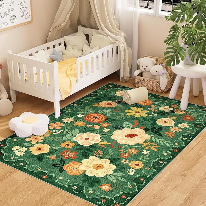 DUKINO 4x6 Area Rug, Lightweight Non Slip Washable Floral Rug, Indoor Low Pile & Non-Shedding Boho Design Rugs for Bedroom, Living Room, Dining Room, Dark Green