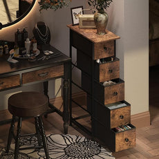 GiftGo Narrow Dresser Vertical Slim Dresser Chest of Drawers Skinny Storage Tower for Small Spaces Gaps Closet Bedroom Bathroom Small Fabric Drawer Unit (Rustic Brown, 5 Drawers)