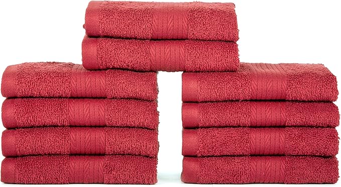 Ample Decor Wash Cloths Pack of 10, 600 GSM 100% Cotton Soft Absorbent, Premium Quality Durable, Ideal for Bathroom, Pool, Hotel, Spa - Red