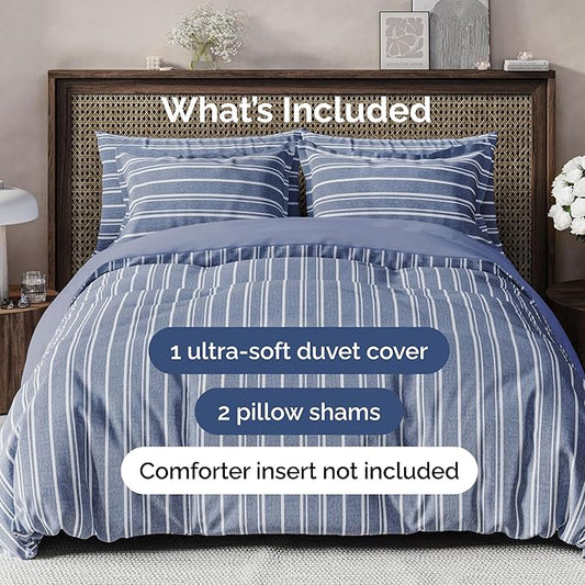 Duvet Cover Full Size Set - Extra Soft Full Size Duvet Cover 80 x 90 with 2 Pillow Shams - Hotel Luxury Easy Care and Fade Free w/Zipper Closures & Ties - Comfy Breathable Bedding Set (Blue Stripes)
