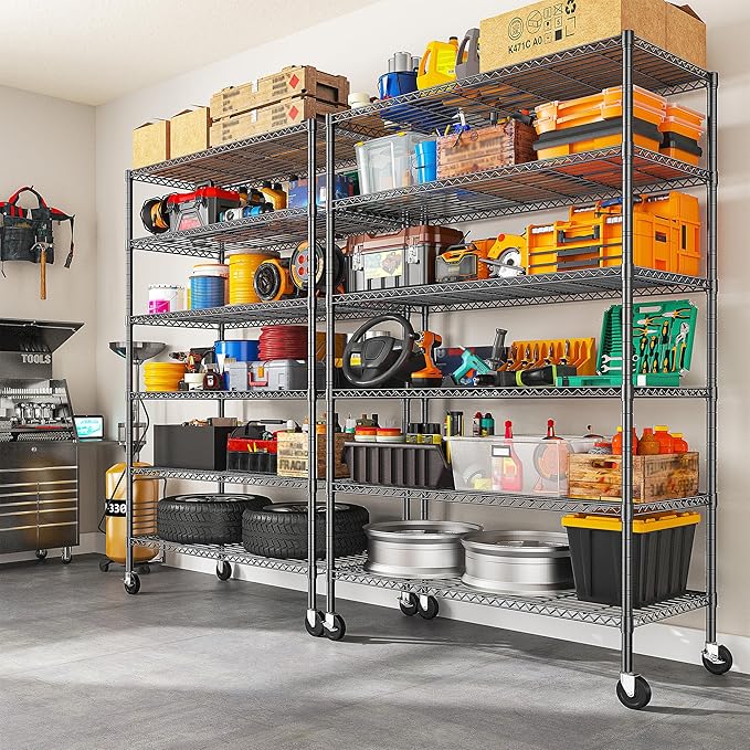 82" H X45 W X18 D Wire Shelving Unit, 6 Tier Adjustable Storage Shelves with Wheels 1200LBS Metal Shelving for Restaurant Garage Pantry Kitchen Closet Commercial,Black