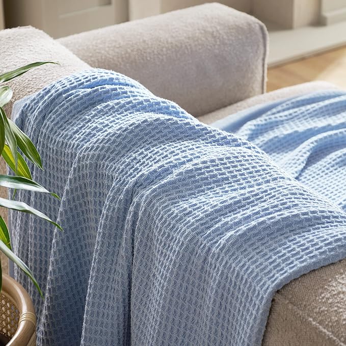 Bedsure Gentlesoft 100% Cotton Blanket Twin XL Size for College Dorm - Breathable and Soft, Waffle Weave Twin Blanket for Summer, Dorm Room Essentials, Sky Blue, 66x90 inches