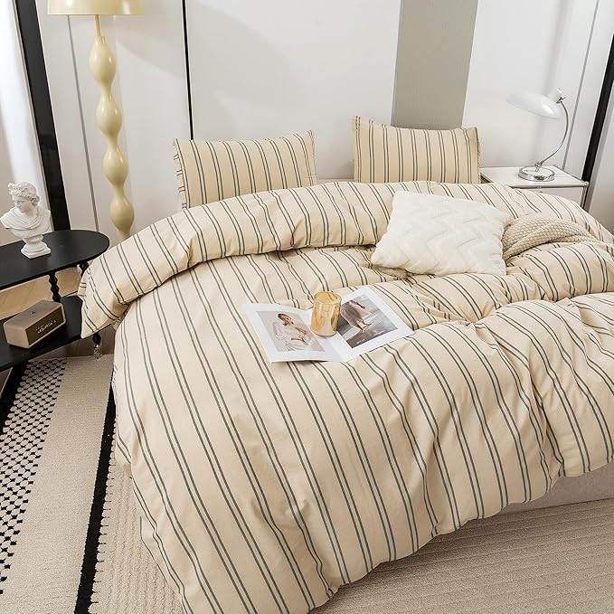 ECOCOTT Duvet Cover Queen Size - Linen Feel Organic Natural 100% Washed Cotton, Soft Breathable & Durable Bedding Set, Comfy Stripe Design for All Seasons