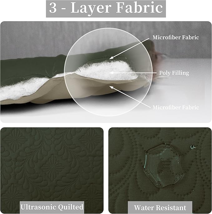 Easy-Going Full/Queen Size Reversible Quilt Set with 1 Quilt and 2 Pillow Shams, Soft Bed Quilt Cover, Water Resistant Lightweight Microfiber Bedspread, Stain Resistant, Olive Leaf-Army Green/Beige