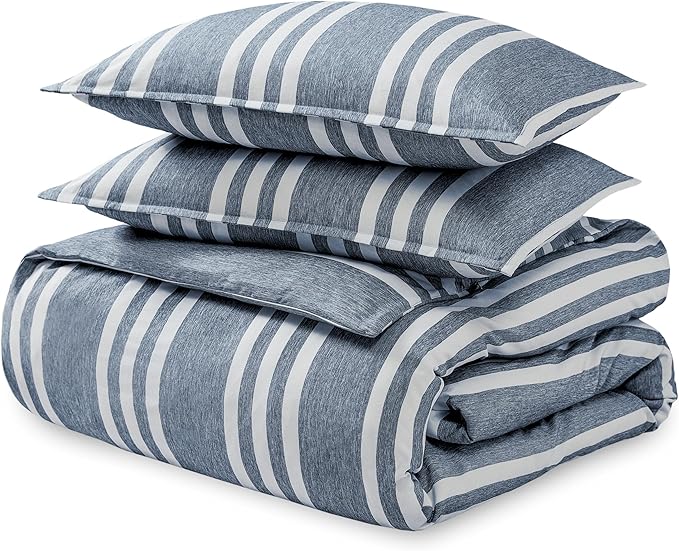 Bare Home Bedding Duvet Cover Full Size - Premium 1800 Super Soft Collection - Lightweight, Cooling Duvet Cover - Soft Breathable (Full, Stripe - Heathered Midnight Blue)