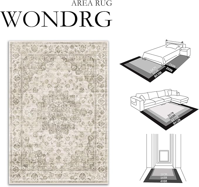 8x10 Washable Neutral Area Rug Taupe Vintage Living Room Bedroom Carpet Non-Slip Soft Low Pile Floral Large Throw Rug for Dining Room Entryway Office