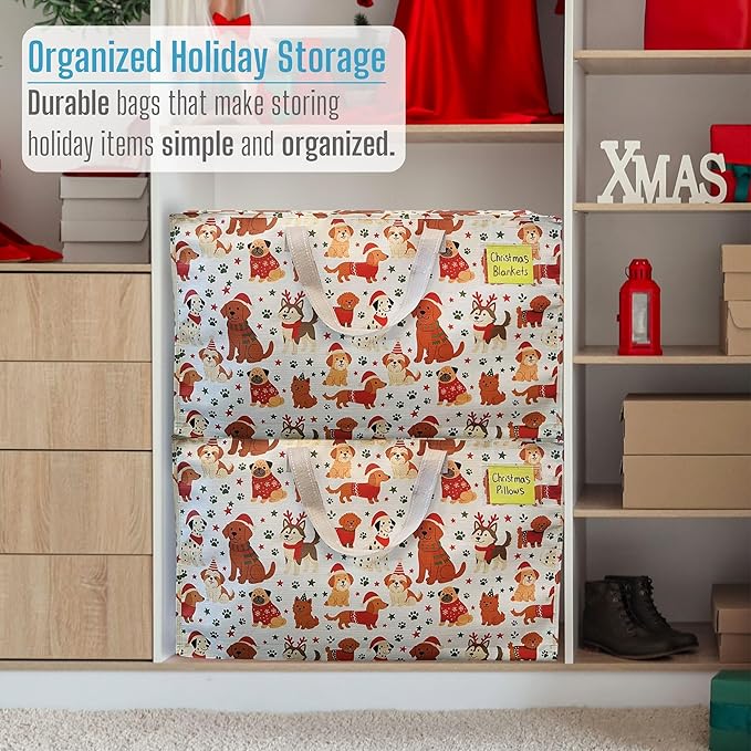 VENO 6 Pack Moving Bags and Large Christmas Decoration Storage Bins with lids. Alternative to Moving Boxes, Packing Supplies for College. Heavy Duty Totes (Holiday Pups, 6 Pack)