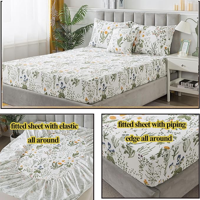 FADFAY Twin XL Sheets Set, 100% Percale Cotton Floral Dorm Bedding, Extra Long Twin Botanical Print Sheets & Pillowcases Yellow Flowers & Leaves, Breathable & Soft Wildflower Bedding for College