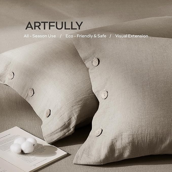 JELLYMONI 100% Washed Cotton Standard Pillowcases Set, 2 Pack Super Soft Breathable Pillow Covers with Button Closure,Pillows are not Included (Standard 20"×26", Taupe)