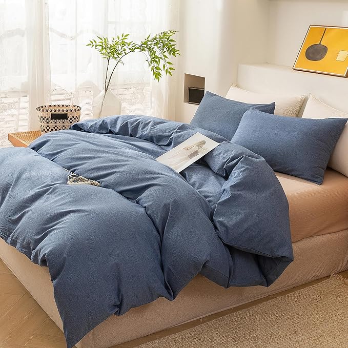 ECOCOTT Denim Blue Duvet Cover Queen Size, 100% Washed Cotton 1 Duvet Cover with Zipper and 2 Pillowcases, Ultra Soft and Easy Care Breathable Cozy Bedding Set (Denim Blue, Queen)