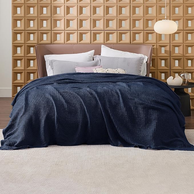 Bedsure Gentlesoft 100% Cotton Blanket King Size for Bed - Breathable and Soft, Thick Cozy Waffle Weave Christmas Blanket Gift for Women, Pageant Blue, 104x90 inches