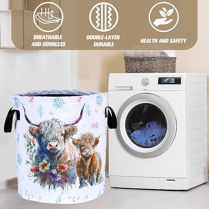 Highland Cow Laundry Basket Cattle Animal Foldable Oxford Cloth Funny Tote Bag Laundry Hamper Clothes Storage Bucket Organizer For Bathroom/Laundry Storage/Bedroom 17.7x13.7 Inch