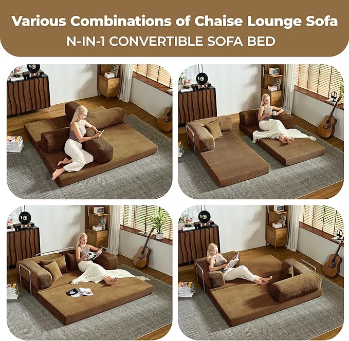78 Inch Convertible Sofa Bed, Corduroy Boneless Couch with Fixed Frame and 4 Pillows, Modular Sectional Couch for Living Room Bedroom Studio Floor Bed Loveseat Sofa (Brown)