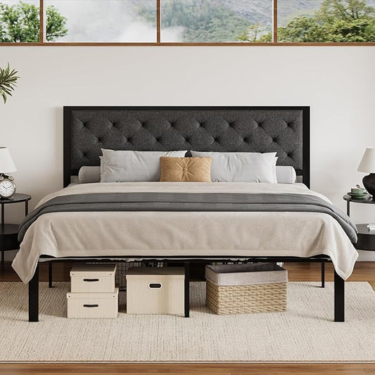 SHA CERLIN King Size Metal Platform Bed Frame,Linen Upholstered Button Tufted Headboard, Mattress Foundation with 12.4” Under-Bed Storage, Noise-Free, Easy Assembly, No Box Spring Needed, Dark Grey