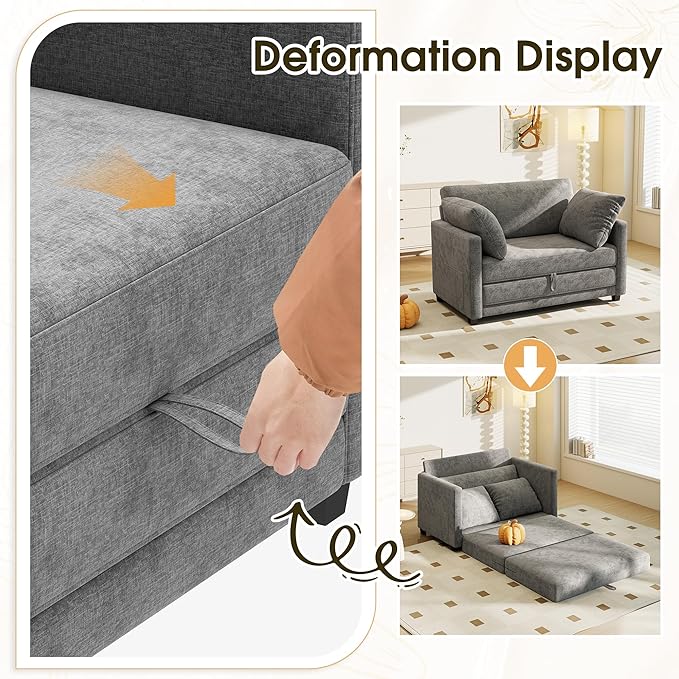 51" Convertible Sofa Bed, 2 in1 Folding Sofa Bed, Loveseat Sleeper Sofa for Small Spaces, Fold Out Floor Couch with 2 Pillows for Apartment, Living Room & Guest Room, Grey Chenille Fabric