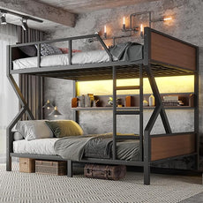 Queen over Queen Bunk Bed with Storage Shelves, Metal Bunk Beds with Ladders and LED Lights, Heavy-duty Bunkbed for Bedrooms, Guest Rooms and Dorms, No Box Spring Needed and Noise-free Design, Black