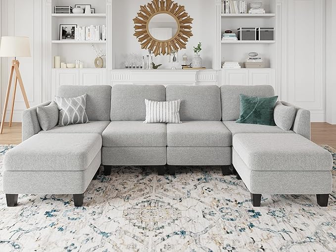 Modular Sectional Sofa, Convertible U Shaped Sofa Couch with High Density Memory Foam, 6 Seat Comfy Modular Sofa Couch for Living Room, Modern U Shaped Sectional Sofa, Lightgrey