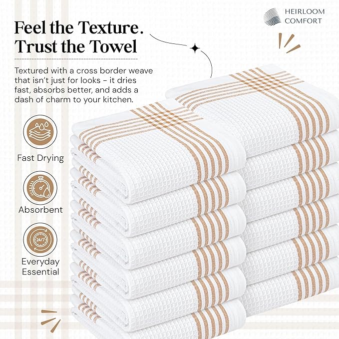 Brown and White Cotton Kitchen Towels 5 Pack, Waffle Weave, 16x26 Inch, Super Absorbent, Reversible, Quick Dry Dishcloths for Drying Dishes, Cleaning, Reusable, Everyday Use