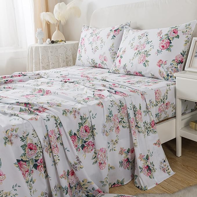FADFAY Sheets Set King Pink Rose Floral Bed Sheet Set Vintage Farmhouse Bedding 100% Cotton Ultra Soft Breathable Bedding with Deep Pocket Fitted Sheet 4Pcs, King Size
