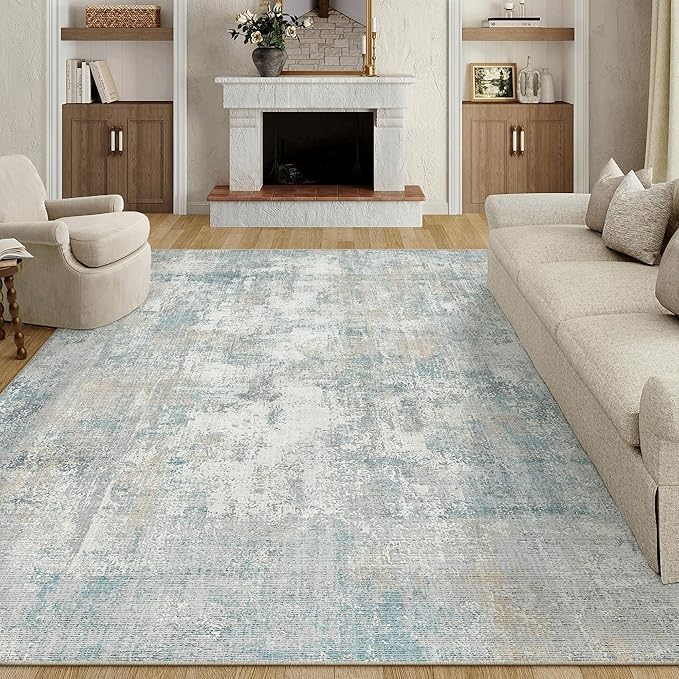 10x12 Area Rug Blue Cream Abstract Living Room Bedroom Washable Carpet Neutral Modern Non-Slip Soft Low Pile Lightweight Vacuumable Large Throw Rug for Dining Room