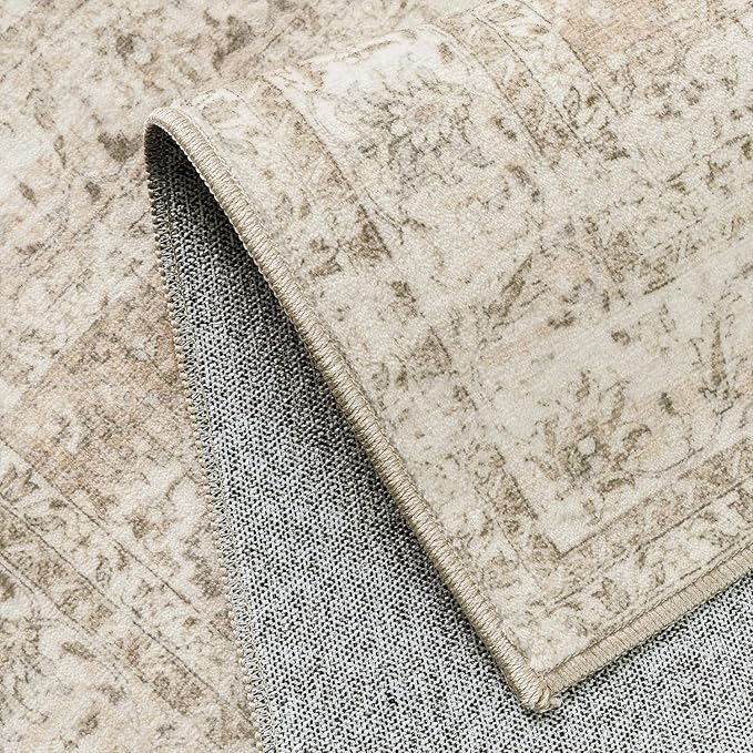 3x5 Washable Beige Area Rug Vintage Entryway Office Carpet Non-Slip Soft Low Pile Distressed Throw Rug for Entrance Living Room Bathroom Dining Room