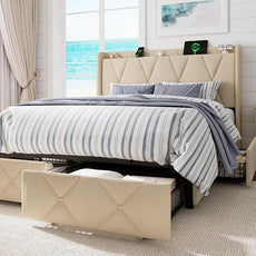 Full Size Bed Frame with 4 Storage Drawers, Upholstered Platform Bed with Charging Station, Modern Wingback Storage Headboard, Easy Assembly,Noise-Free, Beige