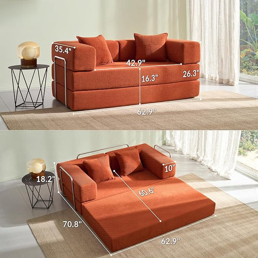 YINIX Foldable Sofa Bed, 62'' Folding Floor Couch, Compressed Convertable Sleeper Sofa, Memory Foam Couch with Pillow Back Support Armrest, 4-in-1 Futon Sofa Bed for Living Room, Orange