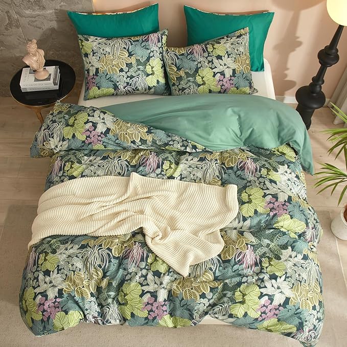 HighBuy Garden Leaves King Duvet Cover Cozy Cotton Vintage Tropical Green Bedding Sets Women Girls Chic Boho Comforter Cover Cottagecore Bedding Comforter Cover with 2 Pillowcases King Bedding