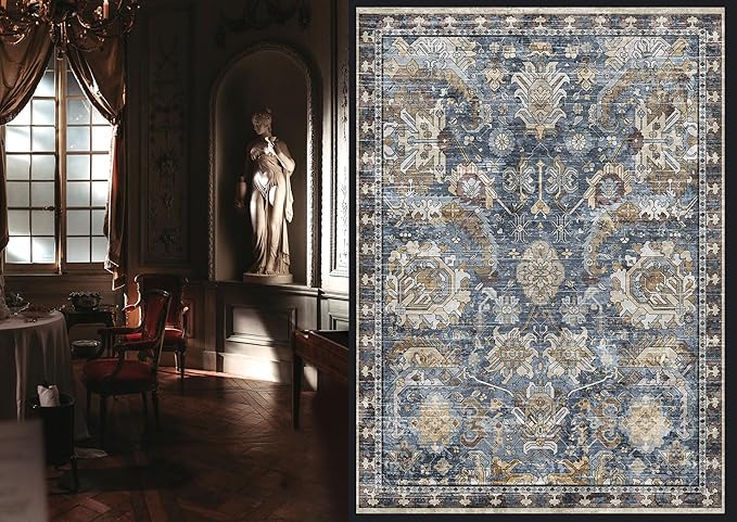 RUGSURE Washable Area Rugs - Perfect for Living Room, Bedroom, Kids Room, Nursery - Stain & Water Resistant Non-Slip, Pet & Child Friendly, Vintage Tribal Area Rugs (Navy, 6' x 9')