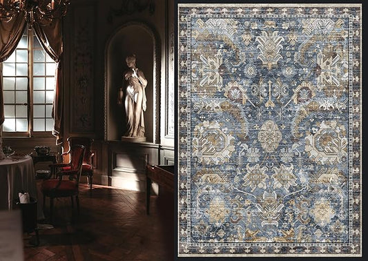 RUGSURE Washable Area Rugs - Perfect for Living Room, Bedroom, Kids Room, Nursery - Stain & Water Resistant Non-Slip, Pet & Child Friendly, Vintage Tribal Area Rugs (Navy, 4' x 6')