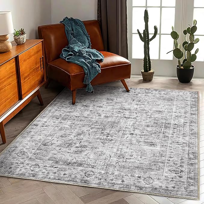 Area Rug 5'x7' Washable Rug Vintage Traditional Floor Cover Thin Retro Kitchen Indoor Distressed Non Slip Carpet for Living Room Bedroom Dining Room