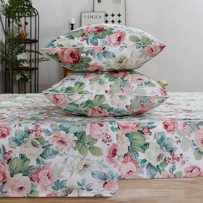 FADFAY Sheets Set Queen Pink Rose Floral Bedding Romantic French Country Peony Floral Sheets Vintage Farmhouse Bedding 100% Cotton Breathable Bedding with Deep Pocket Fitted Sheet 4Pcs, Queen Size