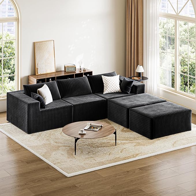 110" Cloud Couch Sectional for Living Room U-Shape Boneless Couches Modular Sectional Sofa with Deep Seat with Chaise,No Assembly Required, Carbon Black(Plush Corduroy Fabric)